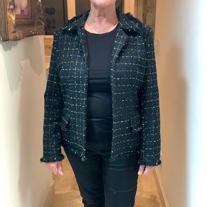 Bob Mackie wool jacket with fringe detail and shiny thread  no buttons size 12